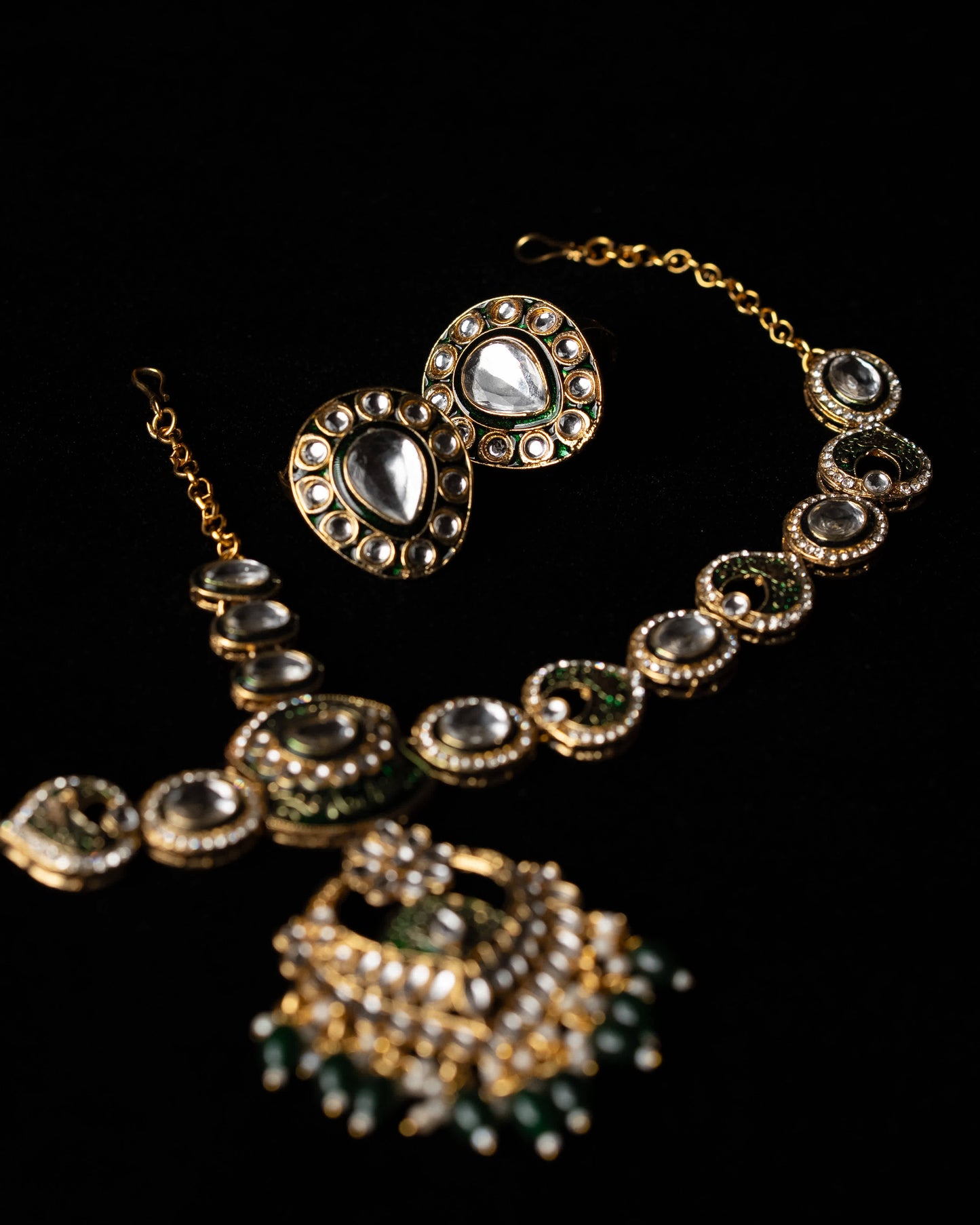 Green Polki Kundan Statement Bridal Set |Wedding Jewelry|Traditional Jewelry I Full Bridal Jewelry I Earrings, Matha Patti, Nose pin & Rings