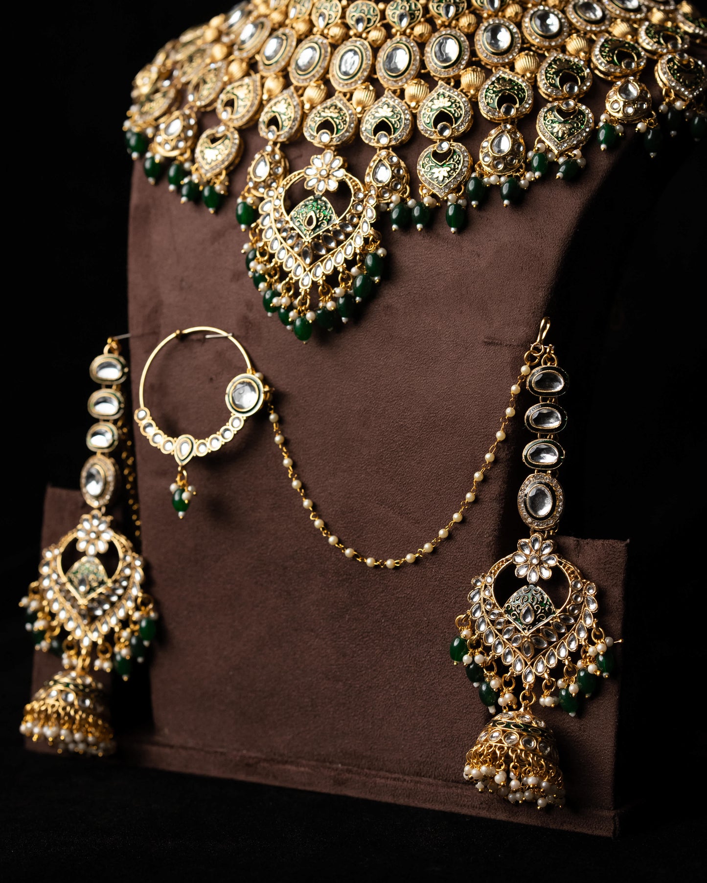Green Polki Kundan Statement Bridal Set |Wedding Jewelry|Traditional Jewelry I Full Bridal Jewelry I Earrings, Matha Patti, Nose pin & Rings